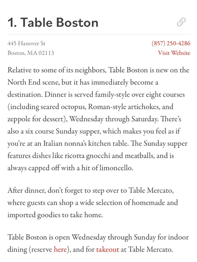 Table North End Boston Press & Media