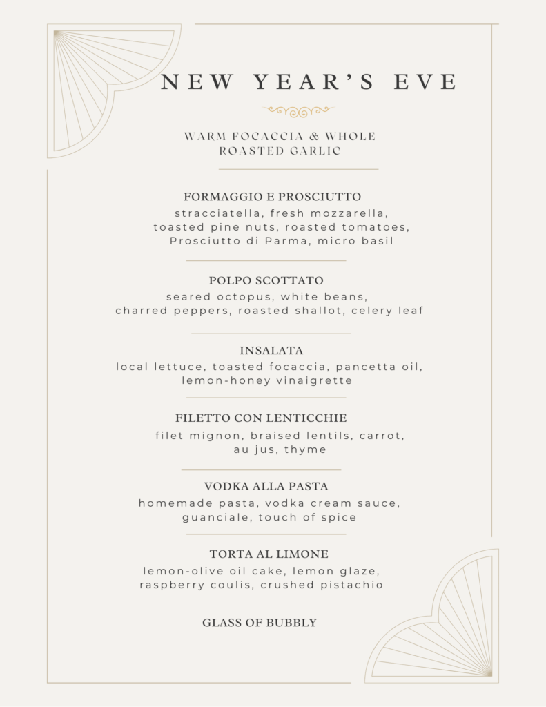 New Year's Eve dinner menu featuring focaccia, cheese and prosciutto, seared octopus, salad, filet with lentils, vodka pasta, lemon olive oil cake, and a glass of bubbly.